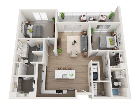 Floor plan for 2 beds, 2 baths, 1374 sqft